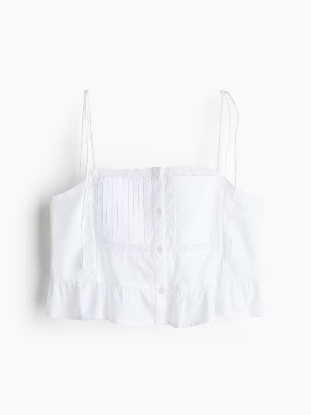H&M Lace Ruffle-trimmed Shoulder-tie Pleated Cotton Cami in White Size Medium - Picture 4 of 9